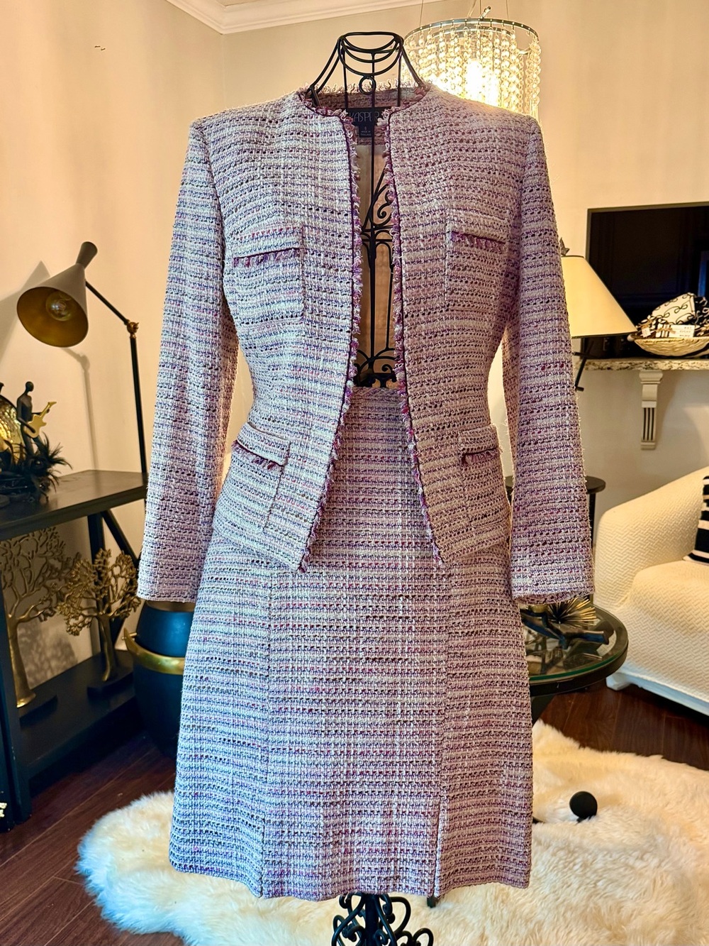 Women’s Two-Piece Classic Lavender Bouclé Jacket & Skirt Set